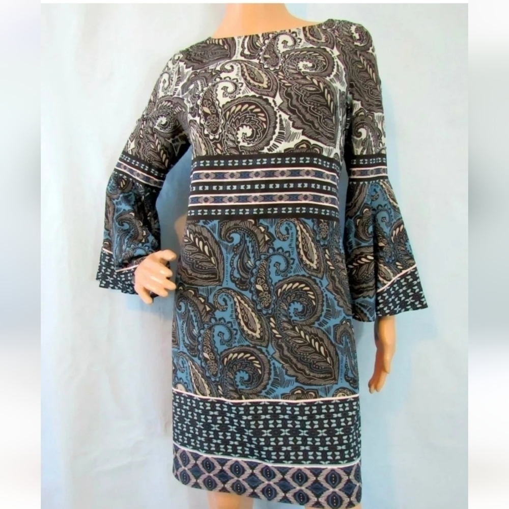 VINCE CAMUTO‎ Paisley Sheath Business Casual Lined Dress BELL 3/4 Sleeve Blue 8